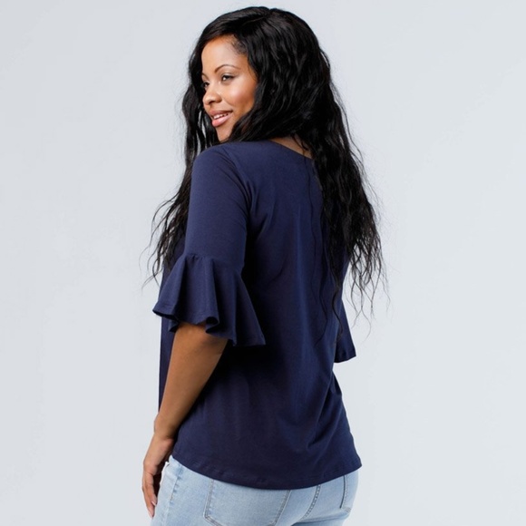 Ethically Made Elbow Bell Sleeve Blouse Navy Blue - Picture 3 of 7